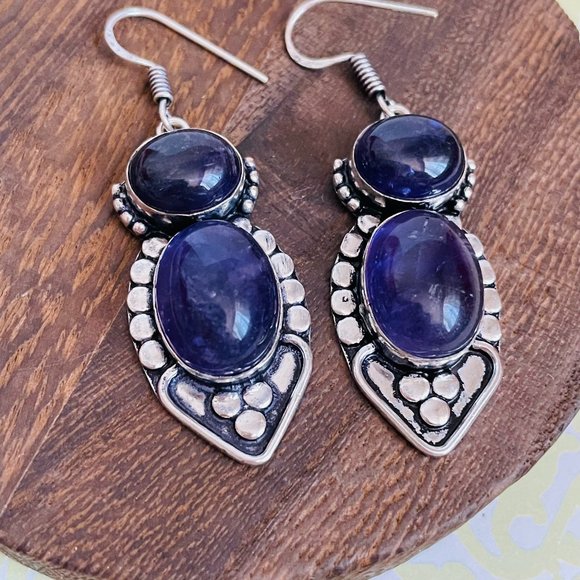 Artisan Jewelry Jewelry - Amethyst Gemstone 925 Sterling Silver Plated Long Drop Dangle Earrings 2 ¼” NEW